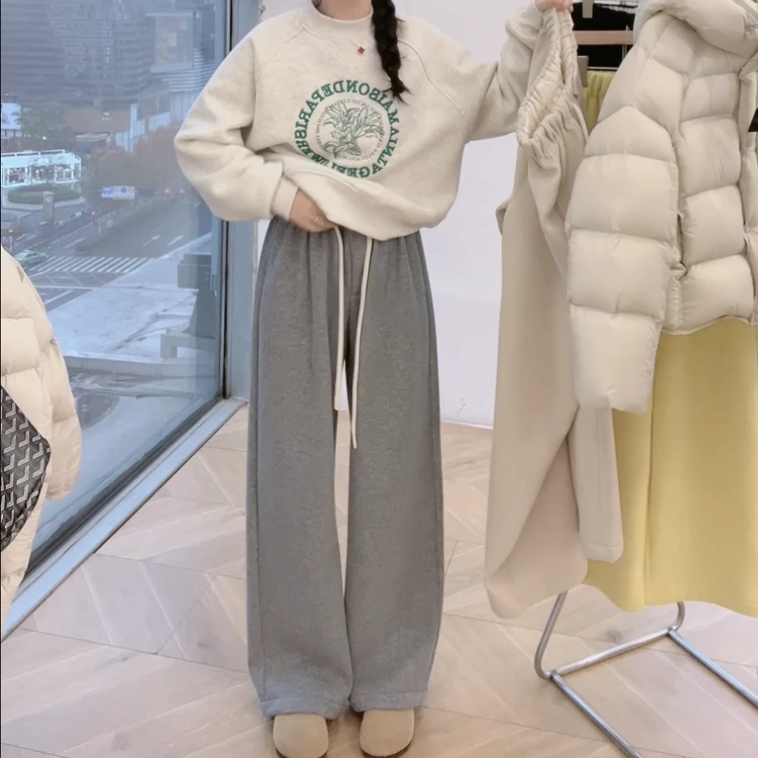 加绒阔腿裤2024新款冬季定制加厚直筒宽松保暖纯色休闲裤