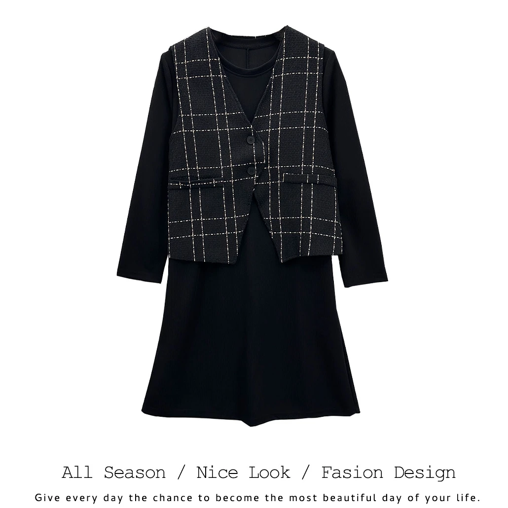 793    时尚黑色小香风格纹背心马夹搭修身显瘦长裙两件套装#1050