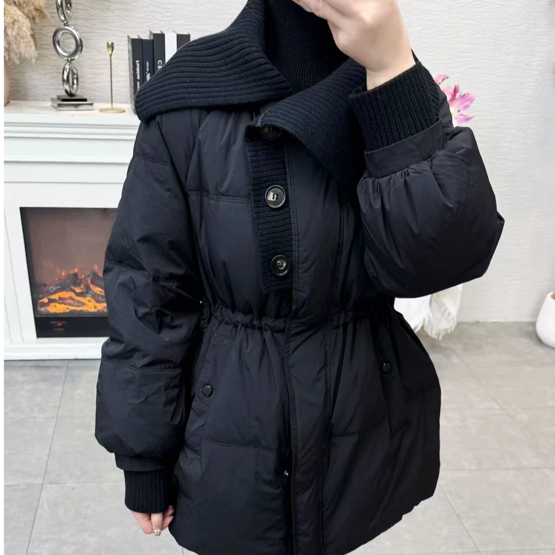 正品针织领拼接中长款羽绒服女2025冬季气质