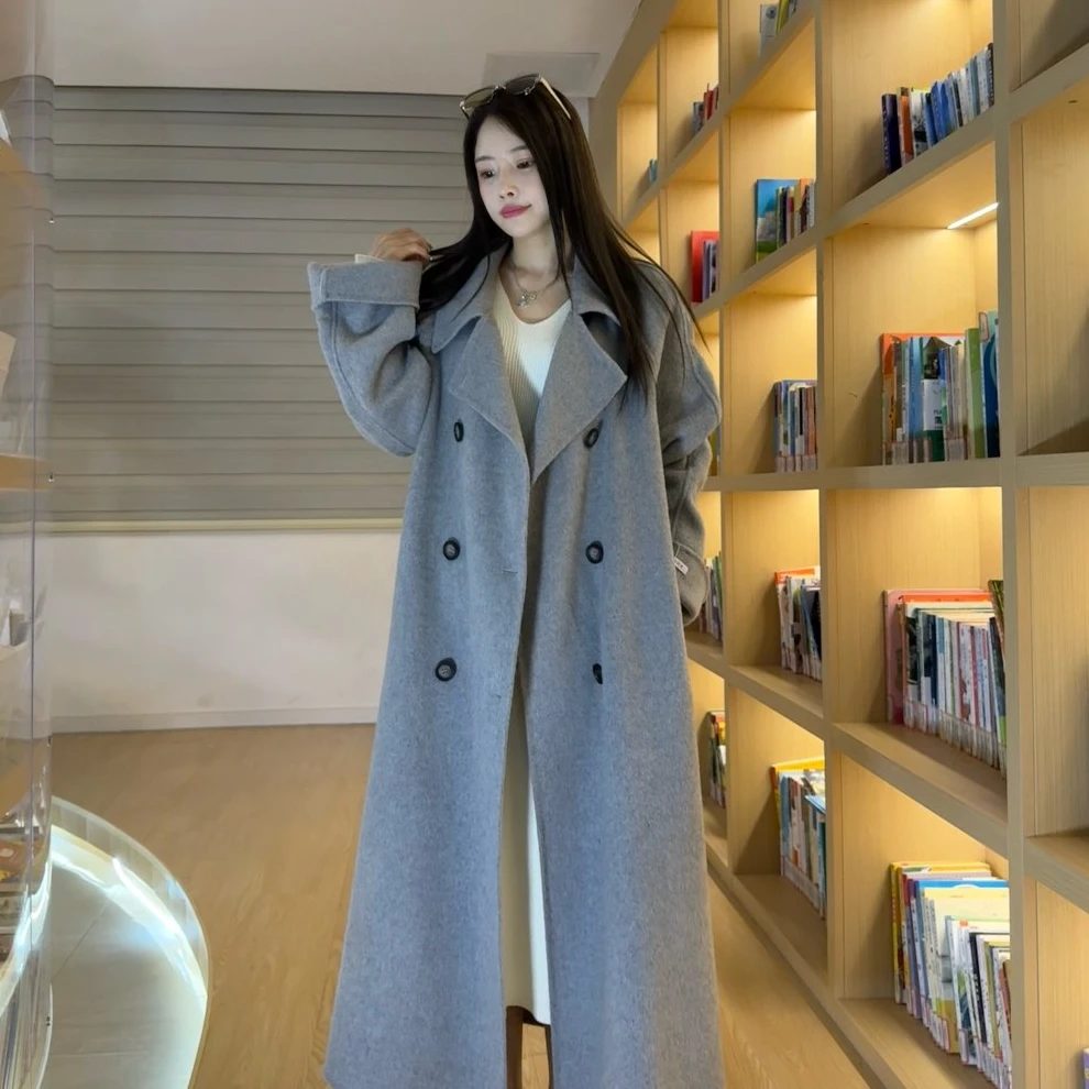 【送围巾】秋冬双面羊毛大衣女士中长款显瘦毛呢外套韩版气质双面绒
