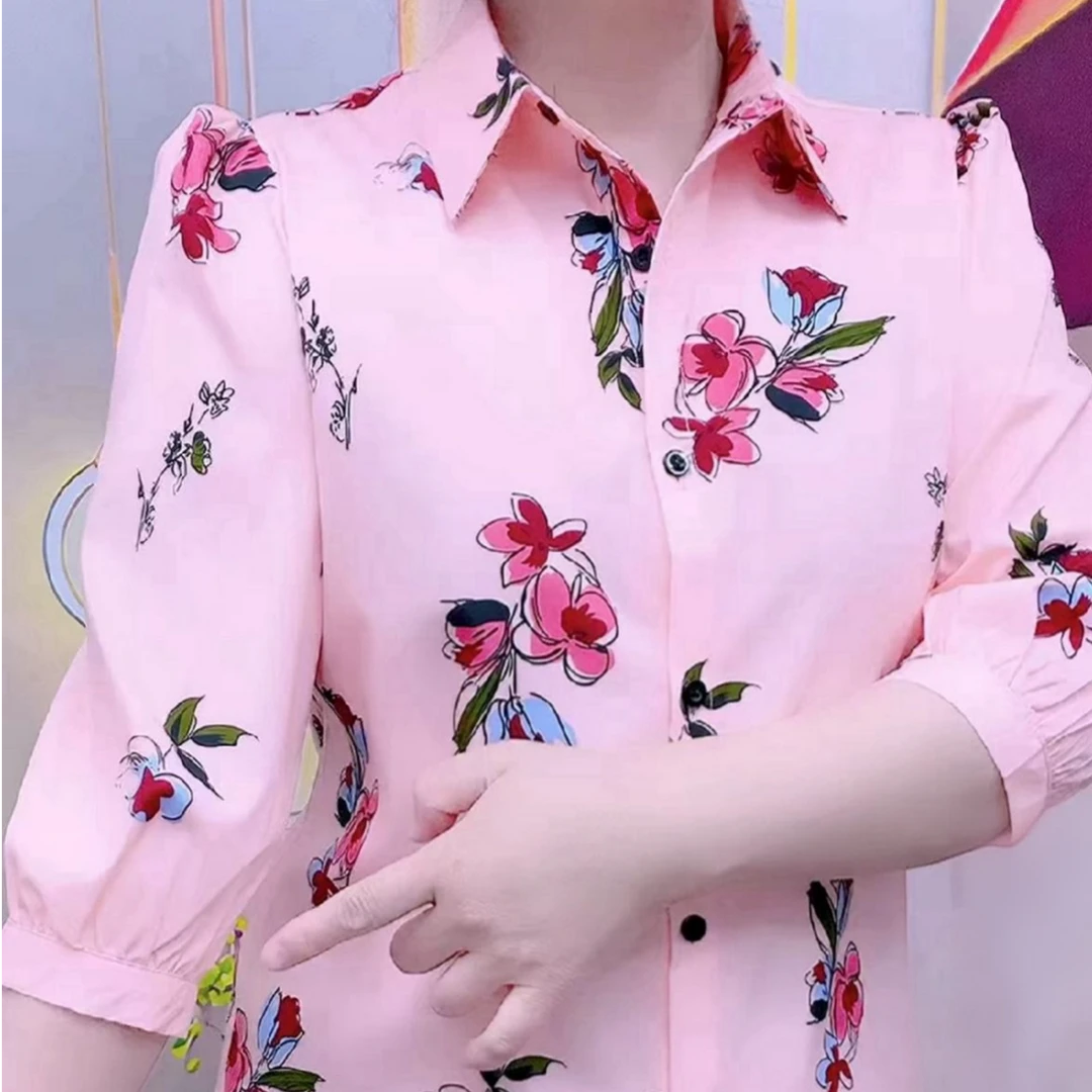 洋气印花妈妈雪纺上衣女士夏季新款休闲减龄七分袖衬衣气质衬衫