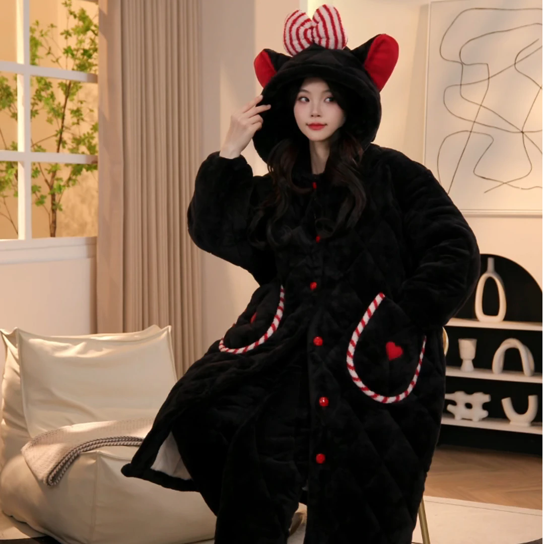 秋冬款三层夹棉睡袍女加绒保暖雪花绒休闲可外穿加厚家居服套装女