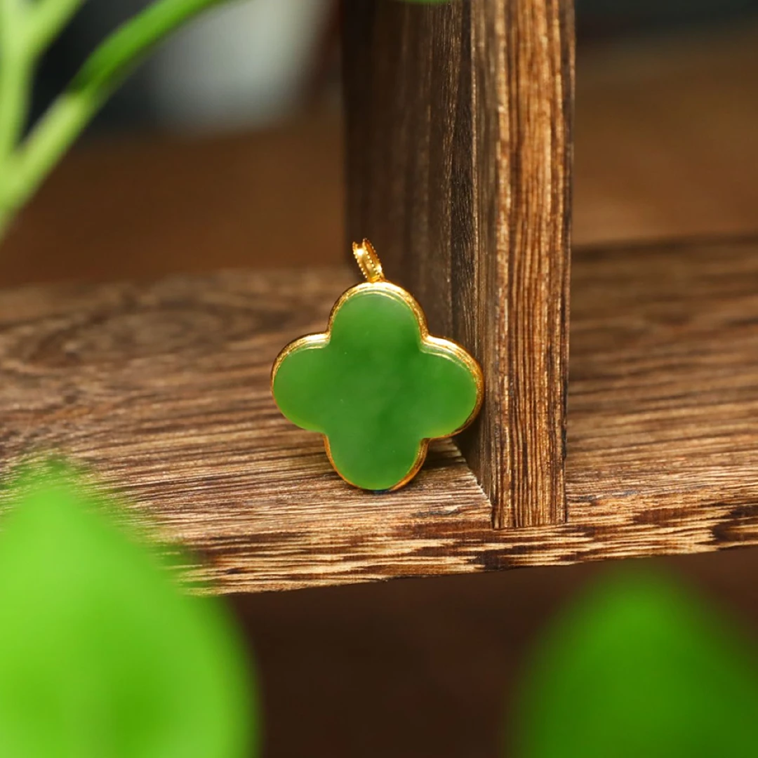 【潮生珠宝】·臻品·和田玉碧玉18k金冰阳绿四叶草吊坠