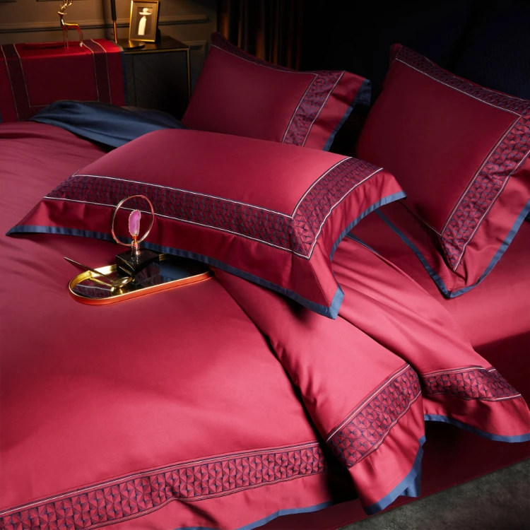 高档红色简约轻奢婚庆床品婚庆床上用品四件套纯色纯棉结婚四件套