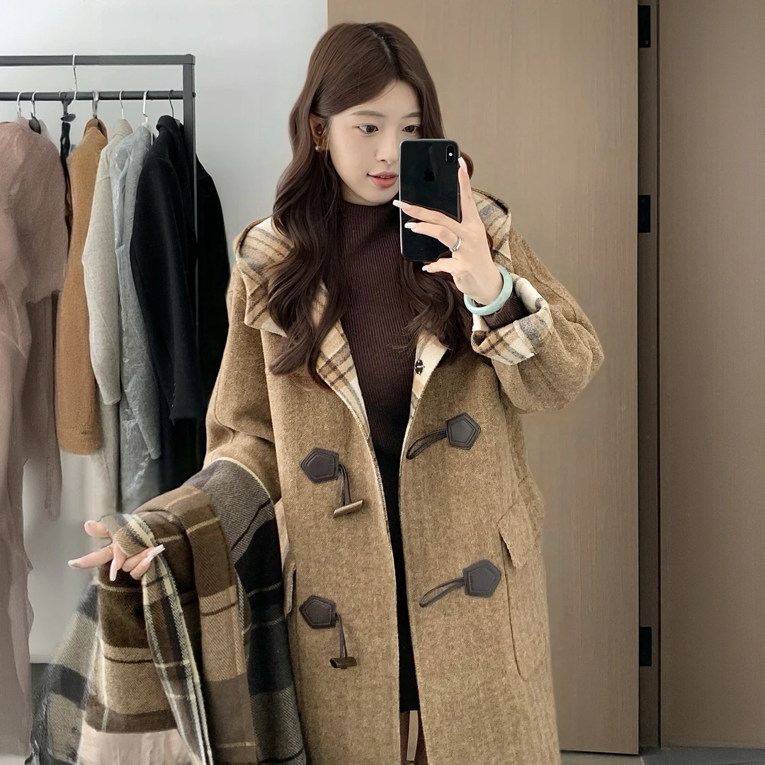 奥顿思兰迪格子连帽羊毛大衣女冬韩系中长款小个子牛角扣呢子外套