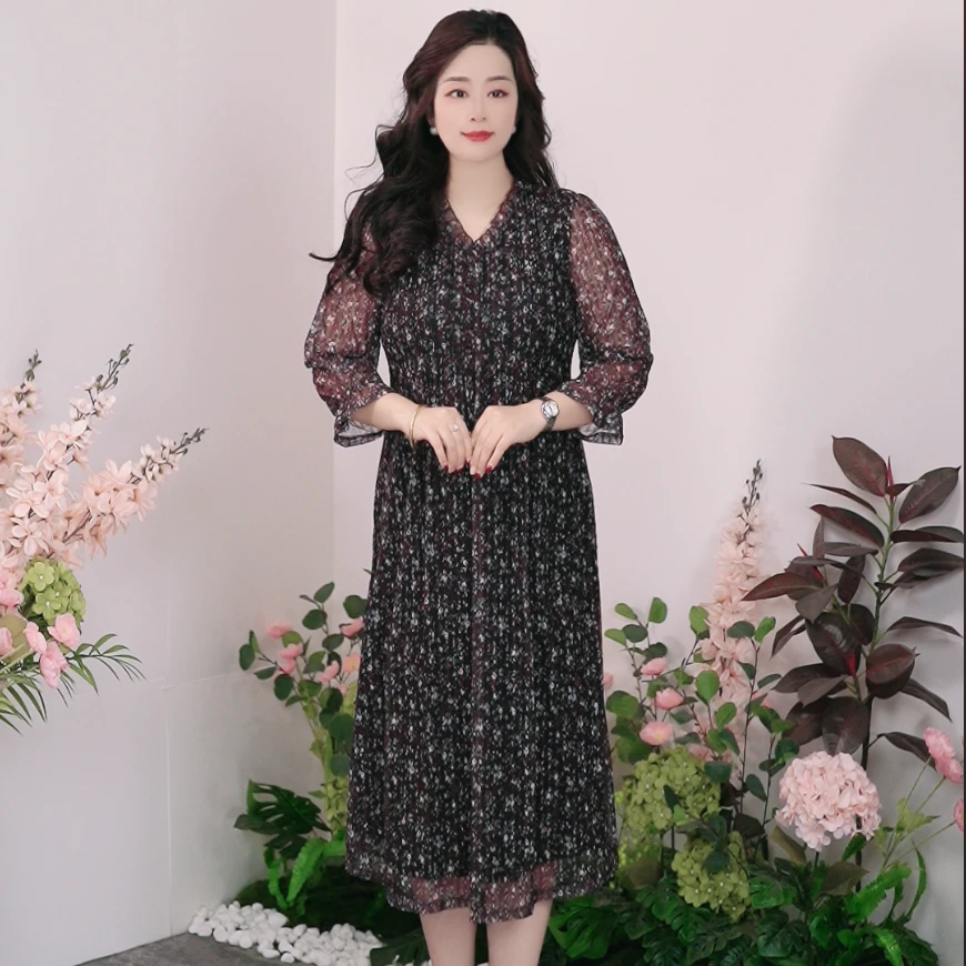 司缪【W3850】轻奢大码女装碎花裙子时尚显瘦遮肉气质V领连衣裙