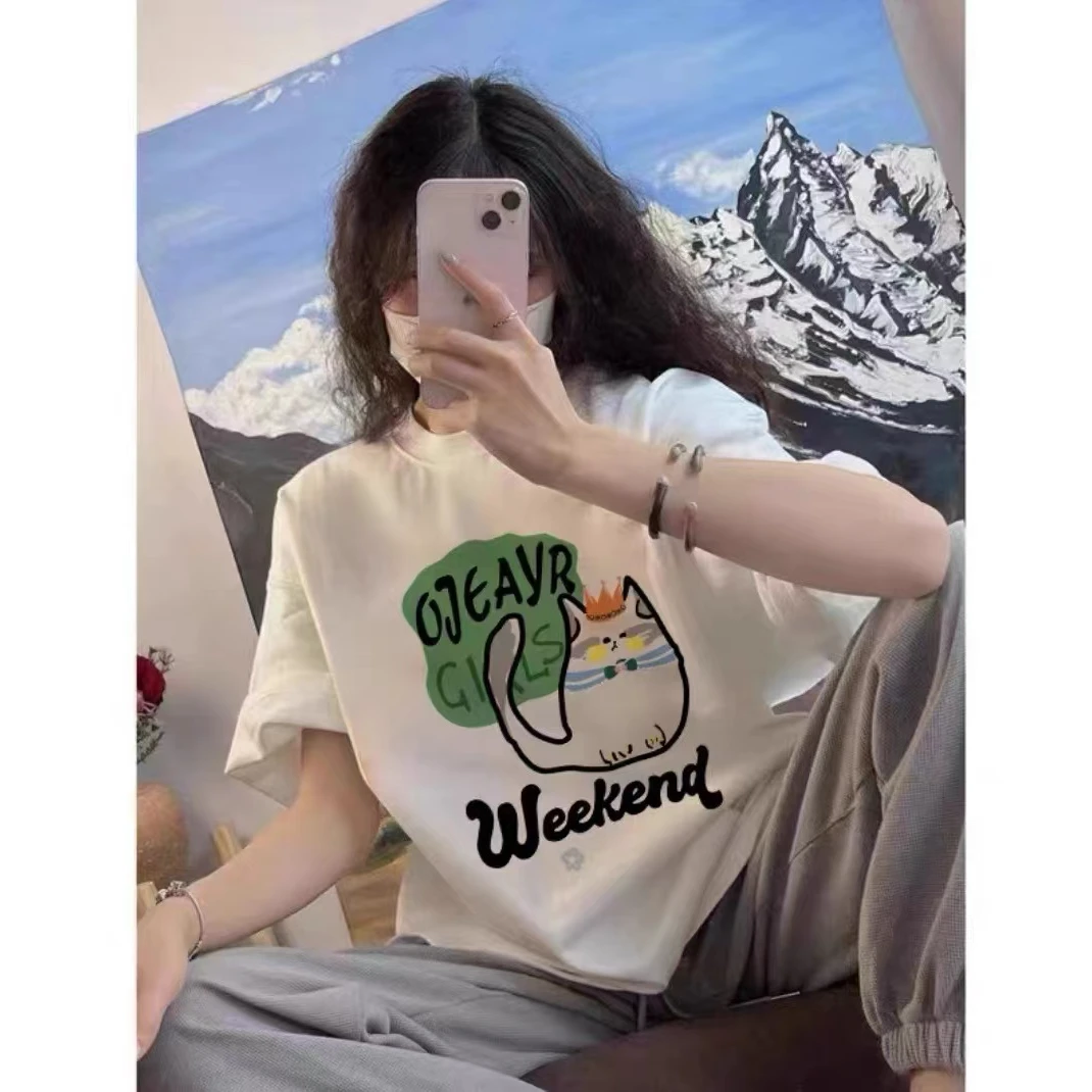 100%纯棉港风猫咪圆领上衣女2025春夏季懒惰风宽松设计感短袖T恤