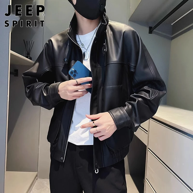 JEEPSPIRIT机车皮衣男士秋冬季ins潮牌轻熟风简约立领黑色皮夹克