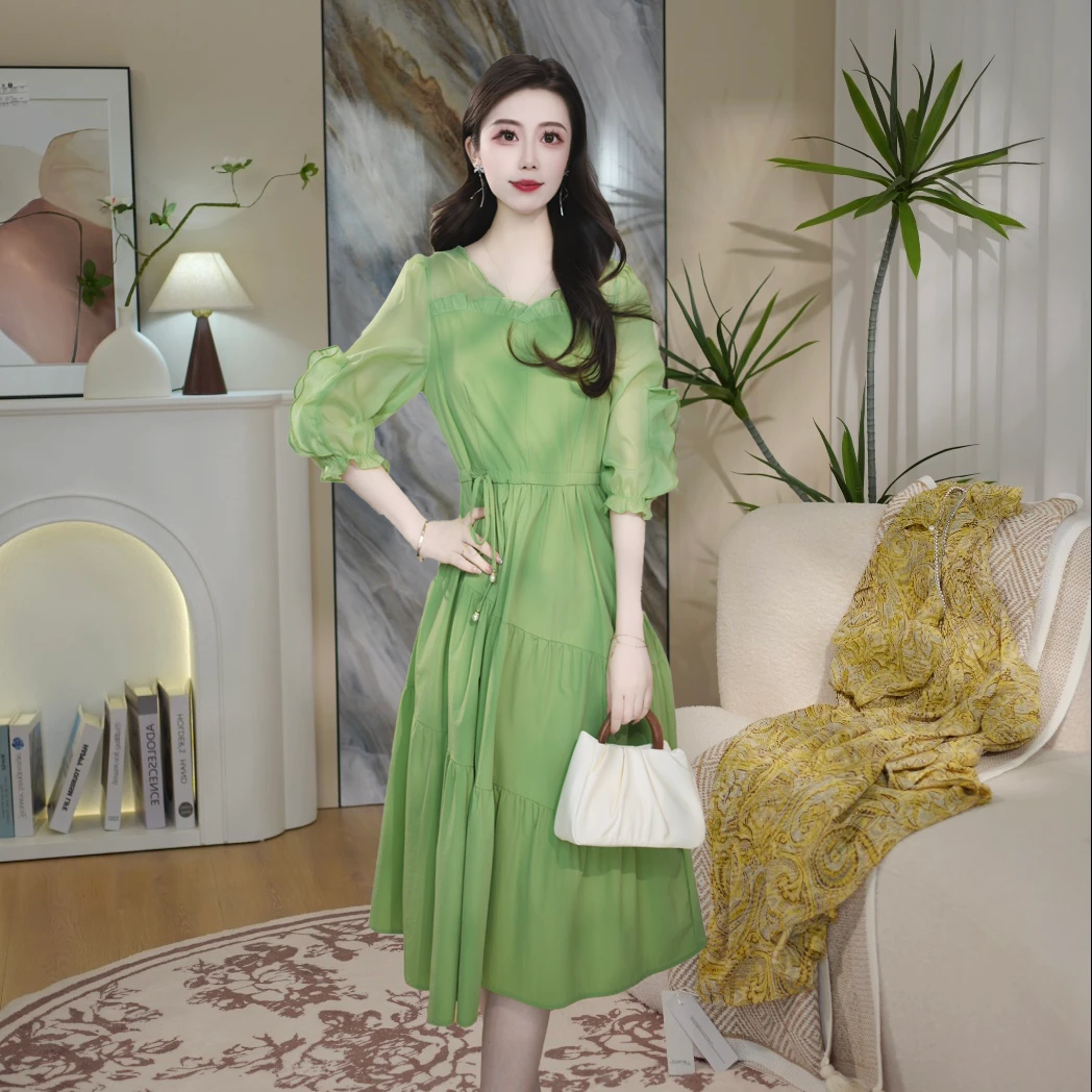 时尚夏季连衣裙裙子绿色运动风侧拉链短袖常规袖长袖