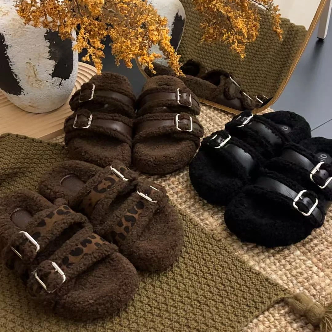 欧洲站超火秋冬爆款金属扣可调节百搭厚底外穿女勃肯毛毛一字拖鞋