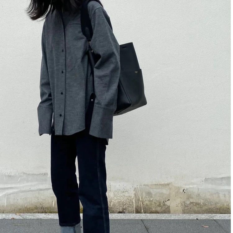 LEYING/乐萦春季女装休闲百搭帅气羊毛花呢简约纯色通勤长袖衬衫