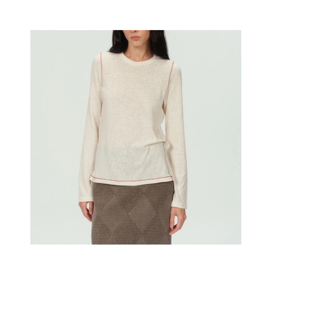 三哈宫-《俳句红线条》女士春款红线刺绣撞色圆领长袖打底衫设计师