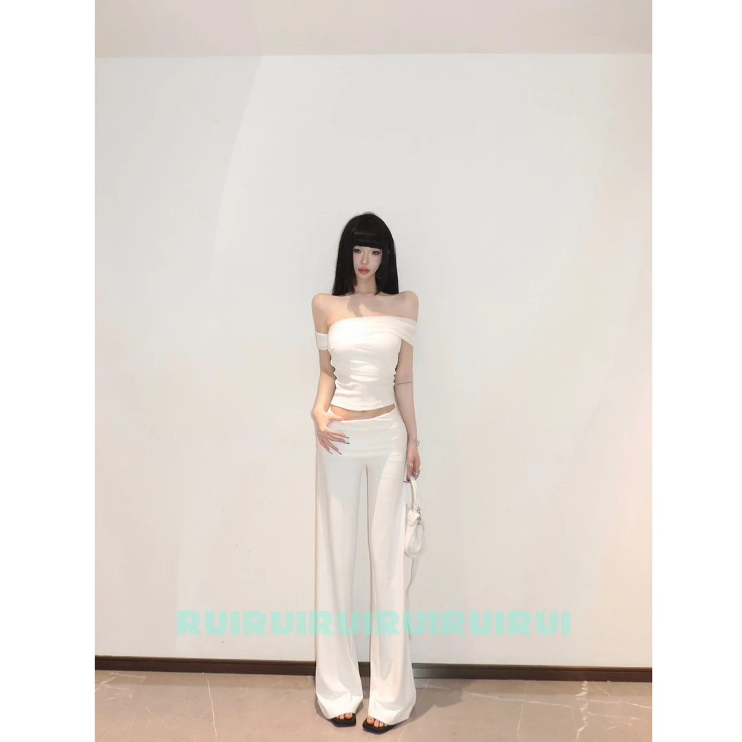 【RUI】现货白色弹力紧身双层腰头低腰折边修身长裤D0131