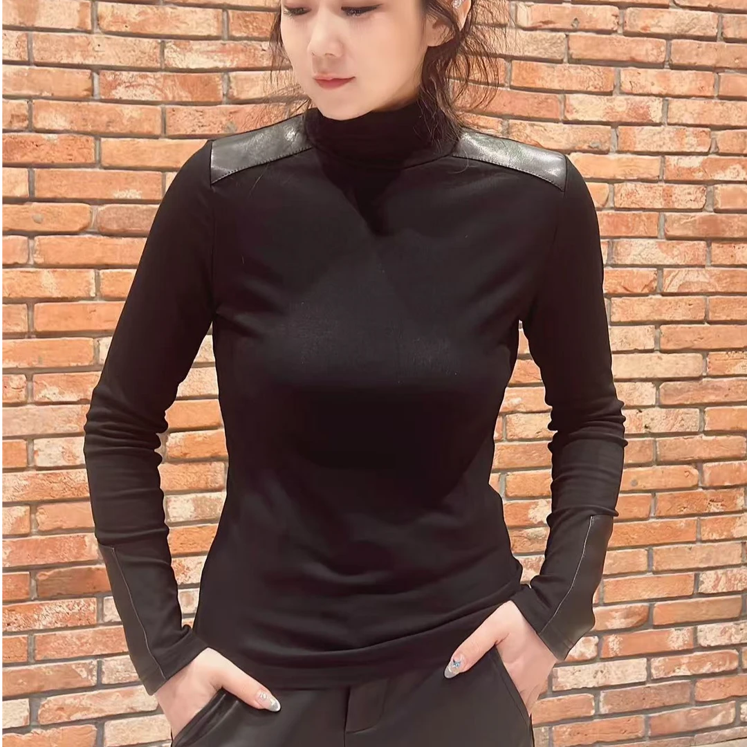 女长袖拼接T恤黑色咖啡色贴身打底上衣百搭中领秋季半高领秋冬