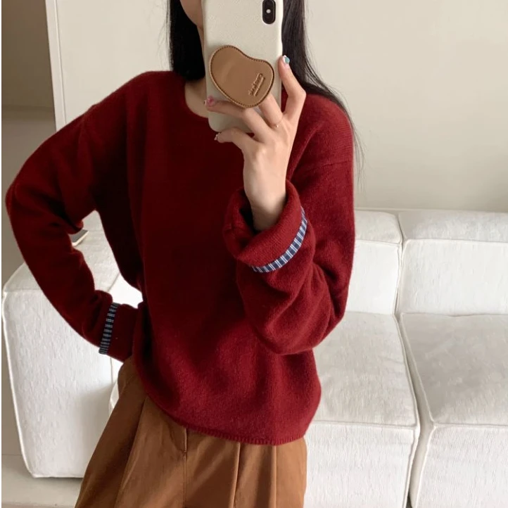 【潘潘.668860】福秒100绵羊毛韩系袖口拼接女装上新圆领羊毛衫