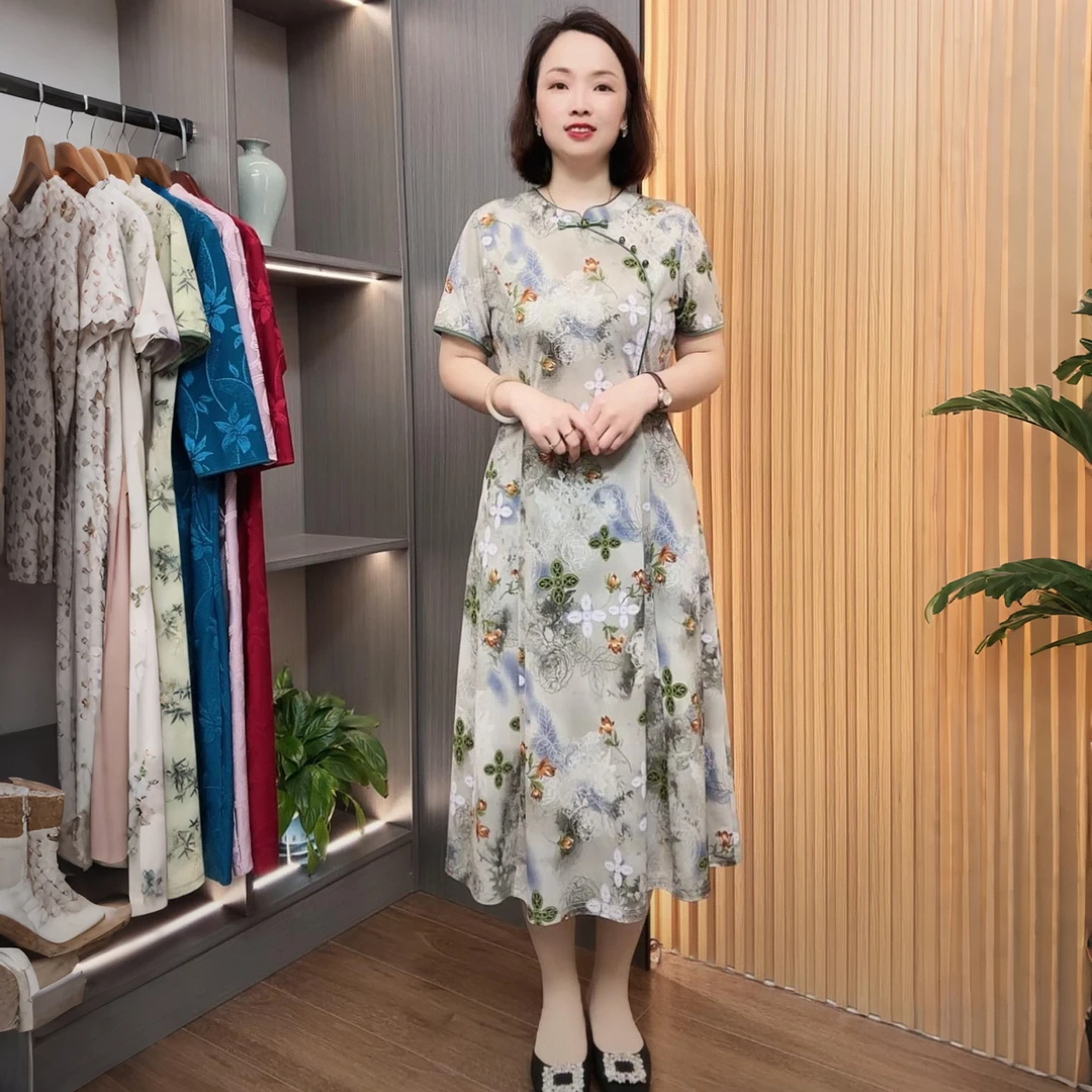 妈妈装洋气改良旗袍中国风斜襟中长裙连衣裙复古优雅短袖碎花