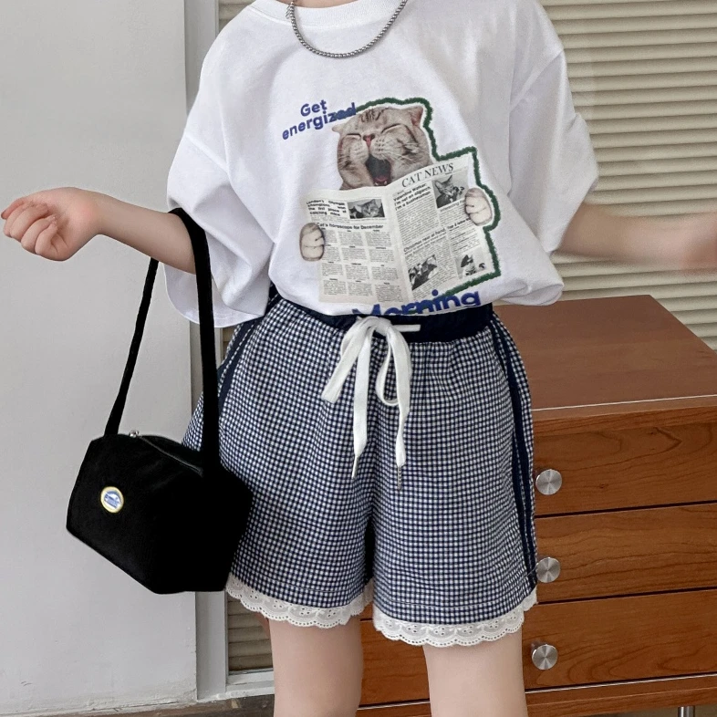 【2025夏季新品】女童蕾丝边短裤 百搭千鸟格中大童 五分休闲裤2168
