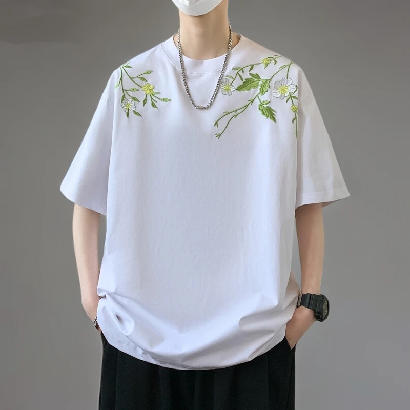 新中式t恤圆领短袖2025夏季新款设计感花卉环形刺绣百搭上衣男士