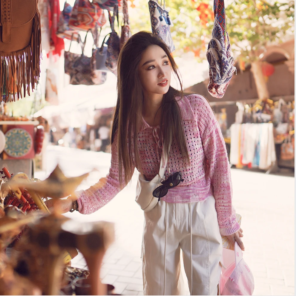 【粉黛花墙】甜美翻领套头长袖系带鸡心领针织毛织上衣WT43FSY062