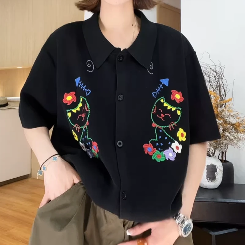 【奇思妙想】 2025新款彩线修身黑小猫百搭POLO衫T恤LK2504670