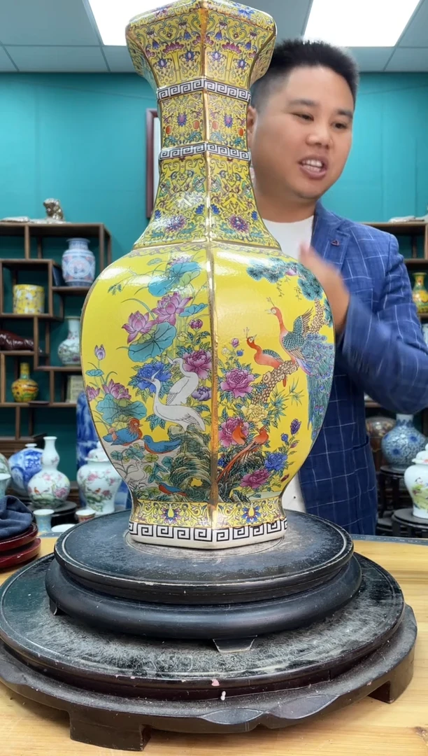 摆件大黄珐琅六方陶瓷摆件