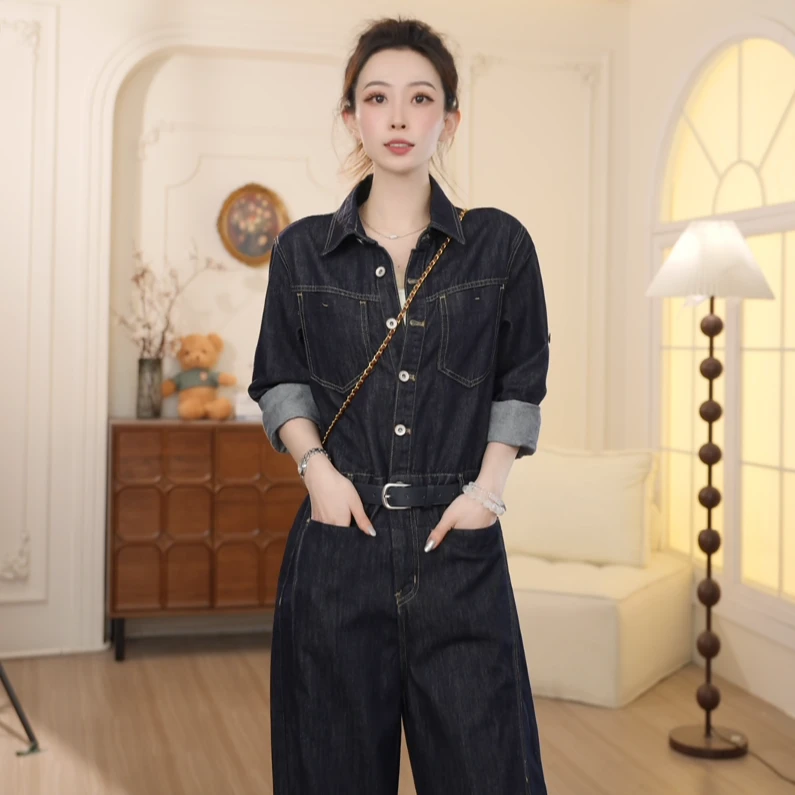 Basic House/百家好2025初秋新款高定休闲百搭气质牛仔连体裤女