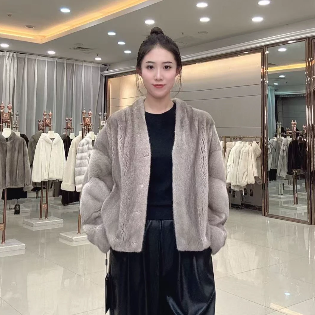【岚威泷】冬季新款洋气休闲V领紫标水貂皮草貂皮外套整貂