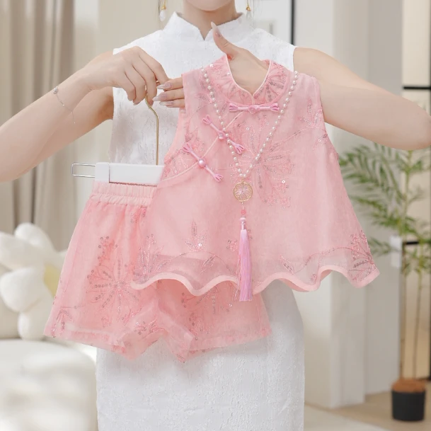 2025夏季新款女童新中式国风刺绣无袖上衣短裤套装两件套SA30152