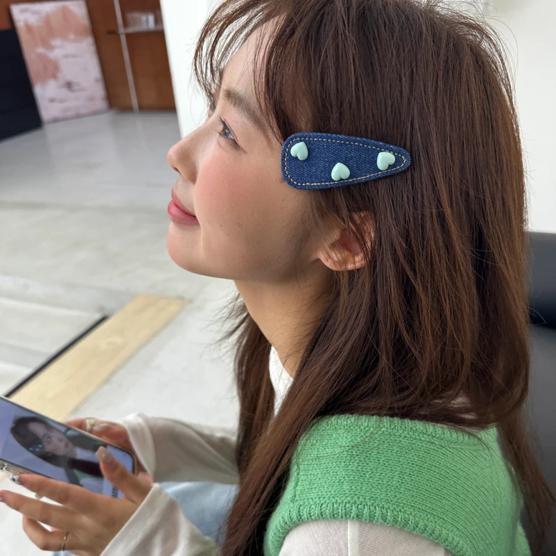 ins牛仔蓝爱心发夹女韩系新款布艺侧边刘海水滴bb夹头饰发卡发饰
