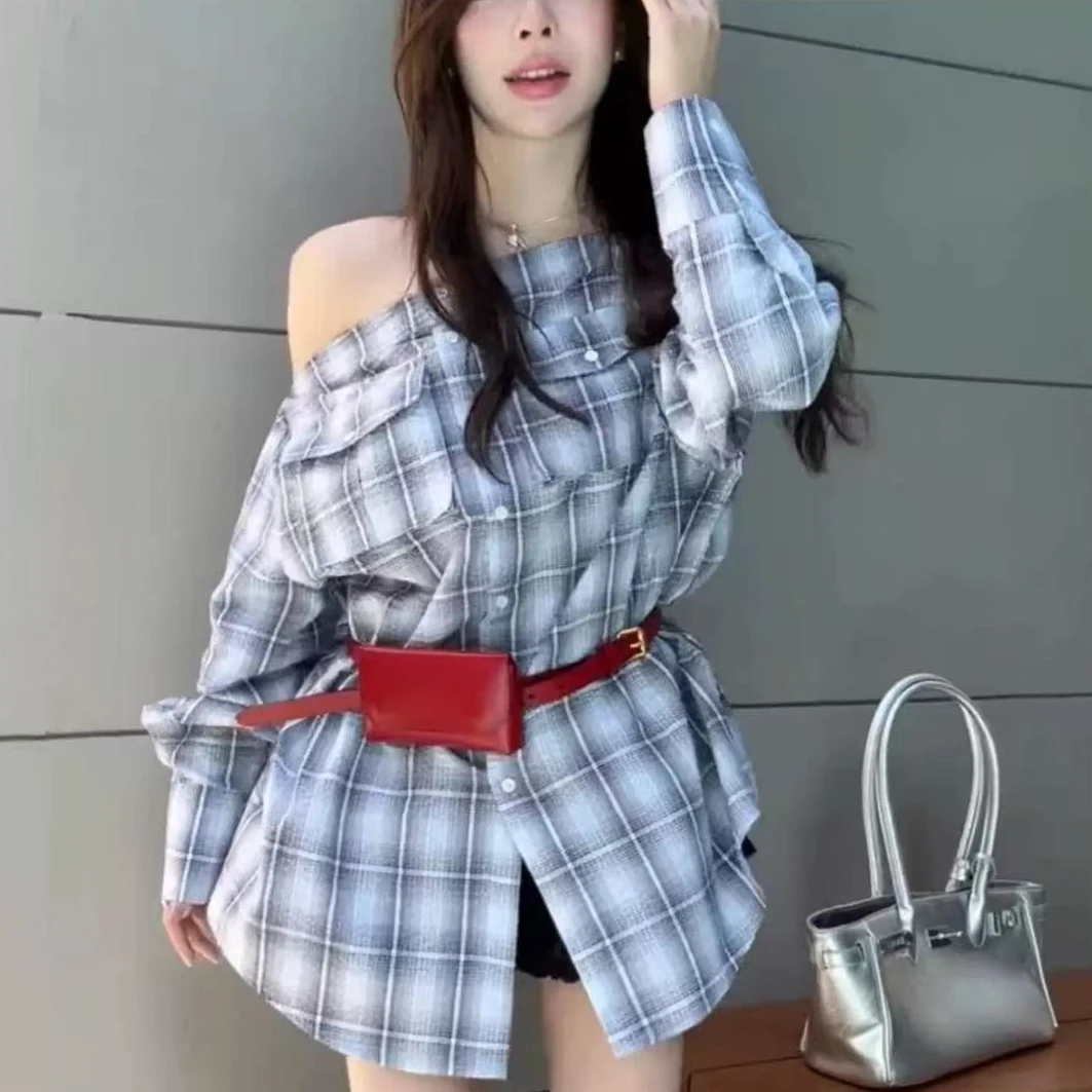 春季新款高级感洋气减龄百搭上衣字肩格子长袖衬衫