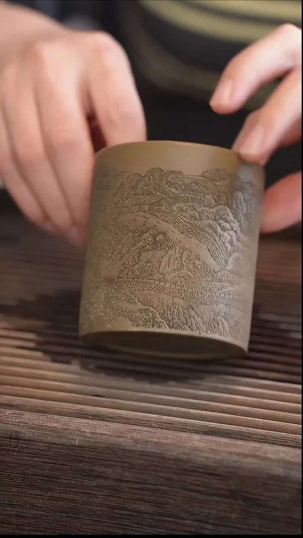 茶壶紫砂青灰段杯子220cc 鹏程万里雕刻