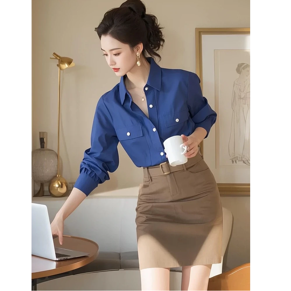蓝色polo领长袖衬衫女设计感小众春秋独特别致超好看绝美上衣套装