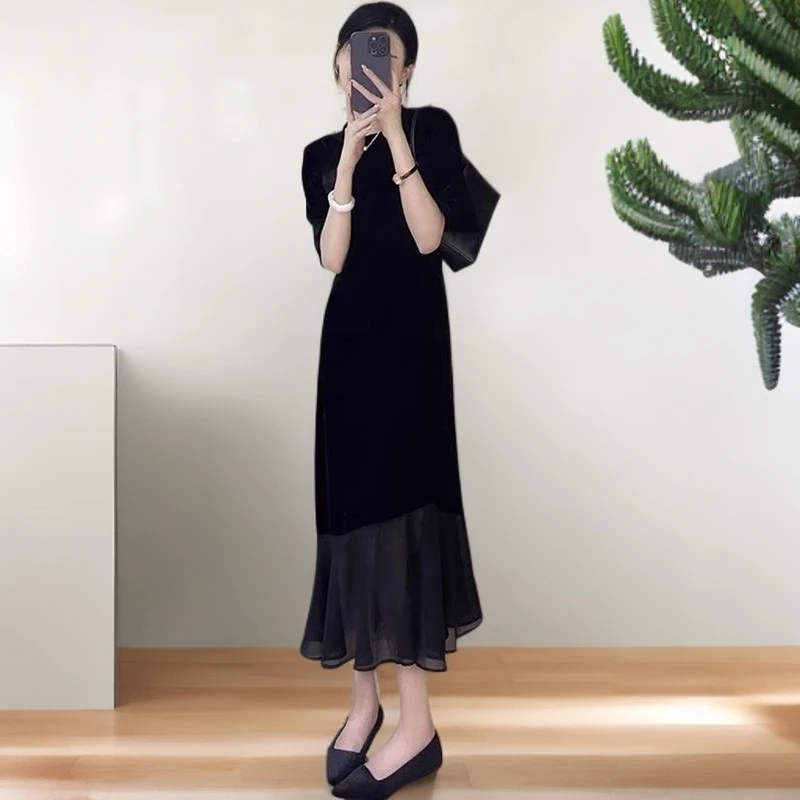 小黑裙法式赫本风夏季网纱高级感连衣裙女温柔系显瘦长裙拼接气质