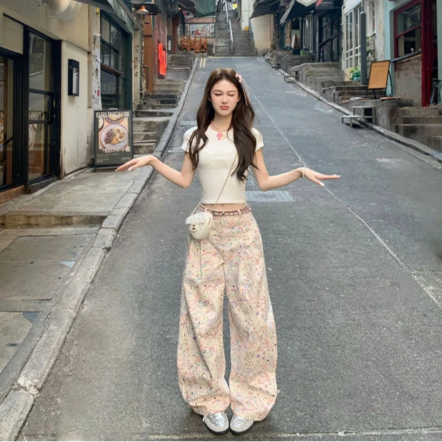 刺绣蝴蝶结短款T恤➕小鱼涂鸦裤褶型高腰长裤子女春季阔腿裤套装
