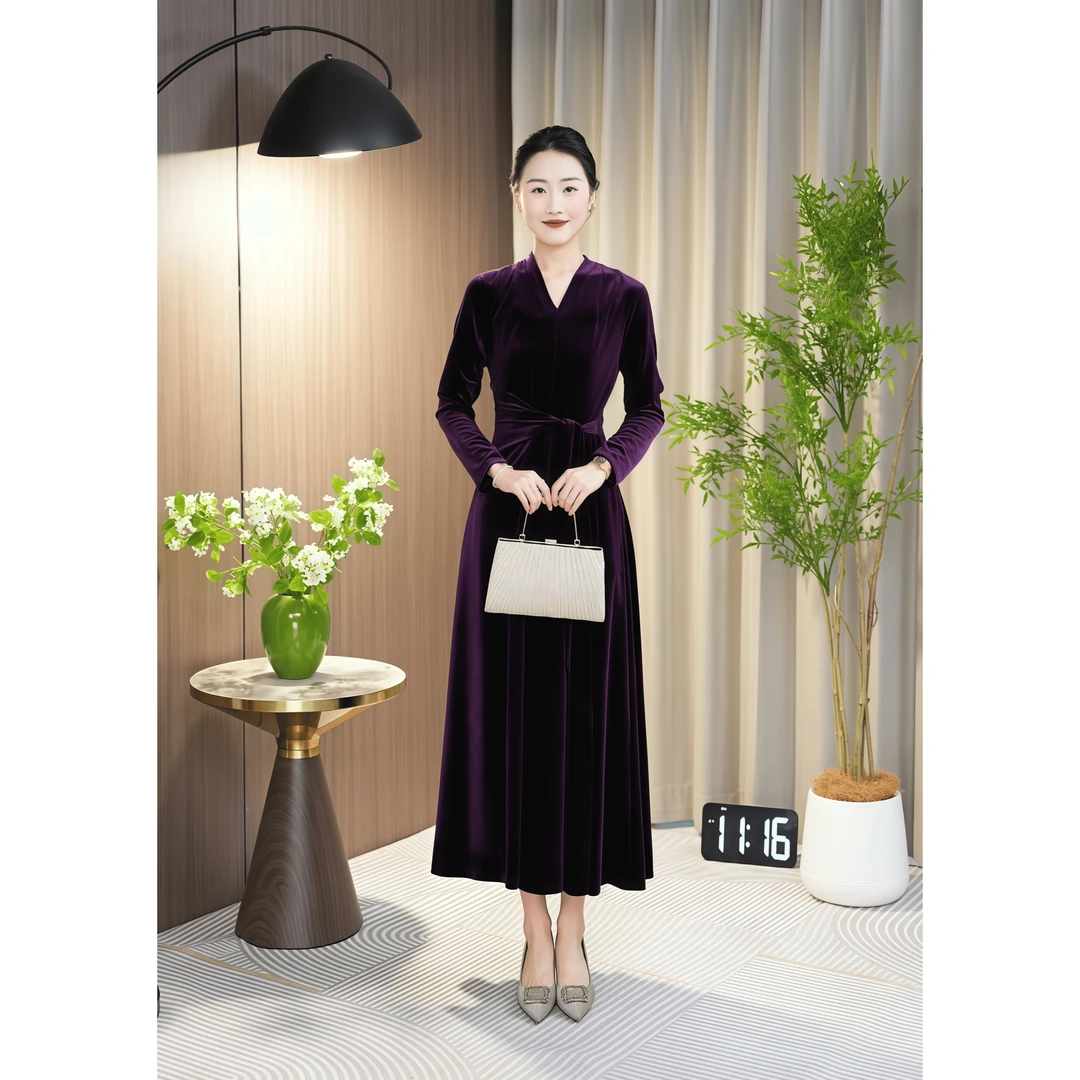 秋季长袖金丝绒系带长袖收腰显瘦连衣裙长款气质时尚