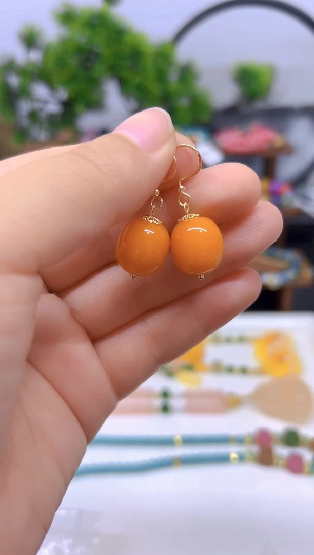 14K金镶嵌蜜蜡耳饰DIY款E72