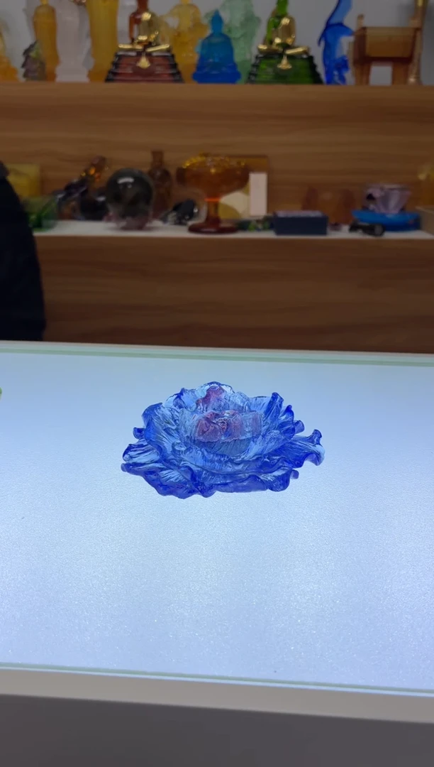 琉璃手工艺品琉璃蓝色茶摆件牡丹花（微瑕）