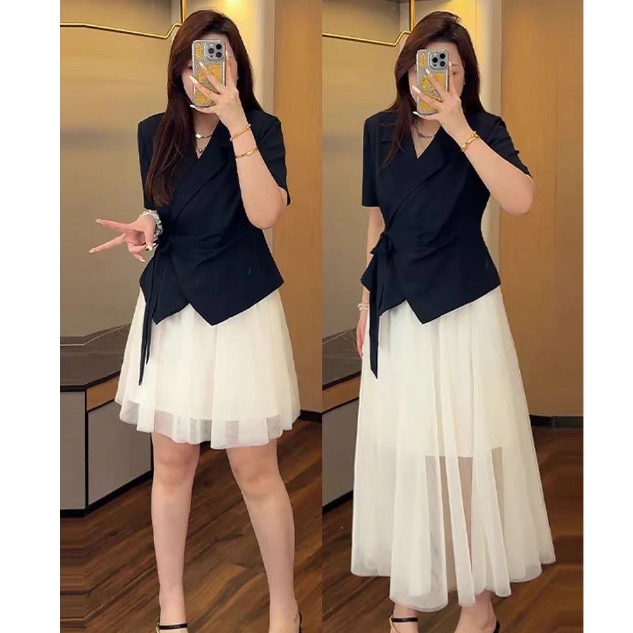 大码女装法式气质V领黑色上衣夏季胖mm显瘦遮肉高级感半身裙1761