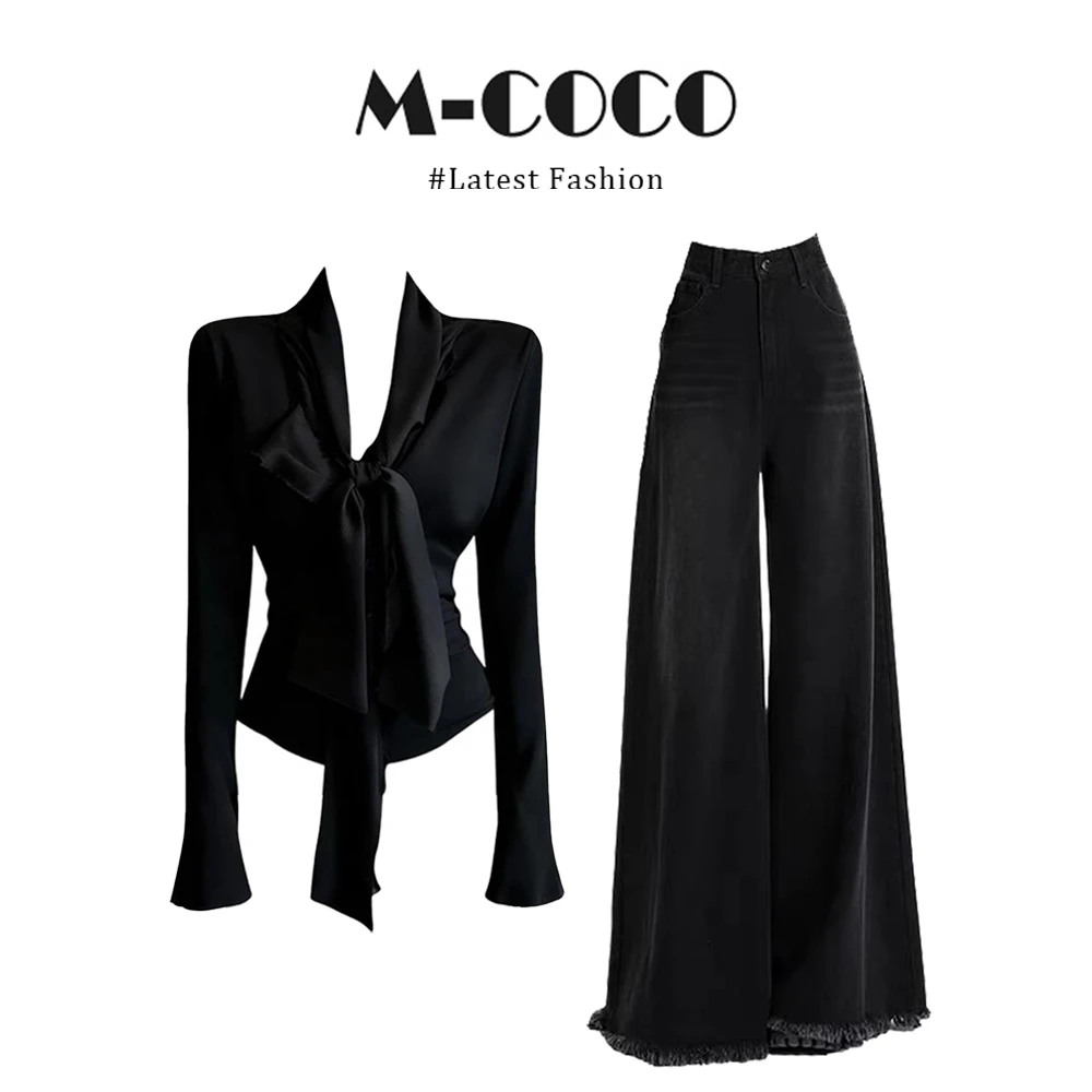 MARIE.COCO纯欲风黑色手工毛边披肩系带多穿衬衫毛边牛仔裤套装