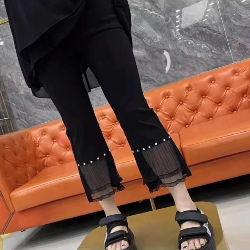 夏季新款9分裤钉钻蕾丝拼接高腰大码女裤百搭洋气款