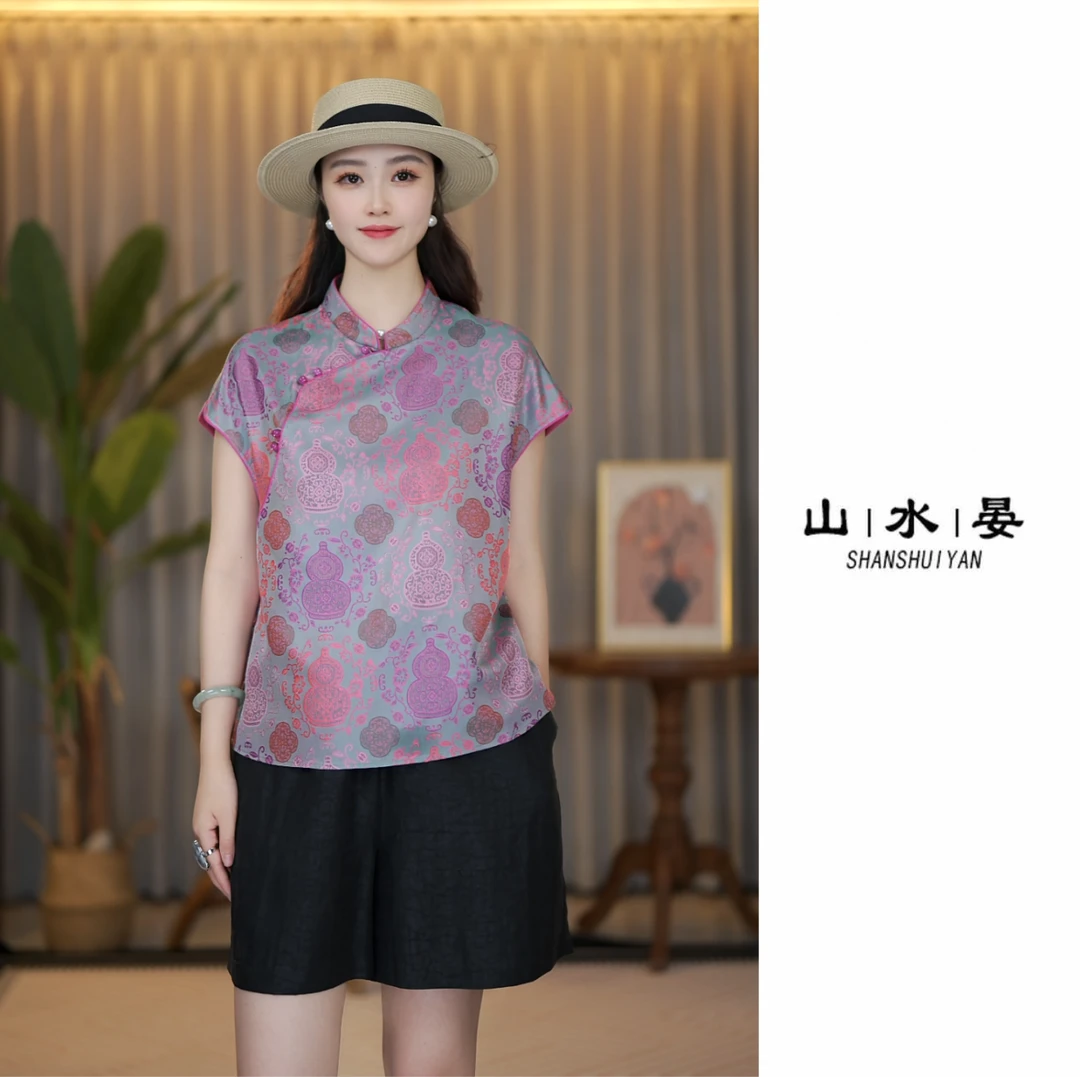 夏季新款国风中式百分百桑蚕丝上衣圆领百搭中式短袖女士UNX901