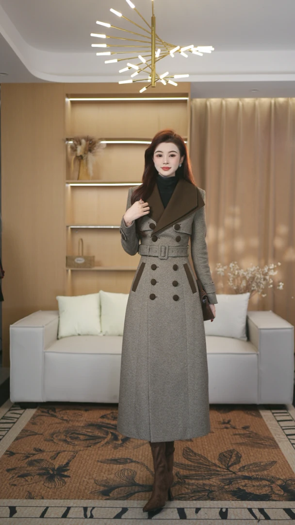 罗曼定制  原创设计毛呢大衣外套女冬季赫本风中长款厚款翻领收腰