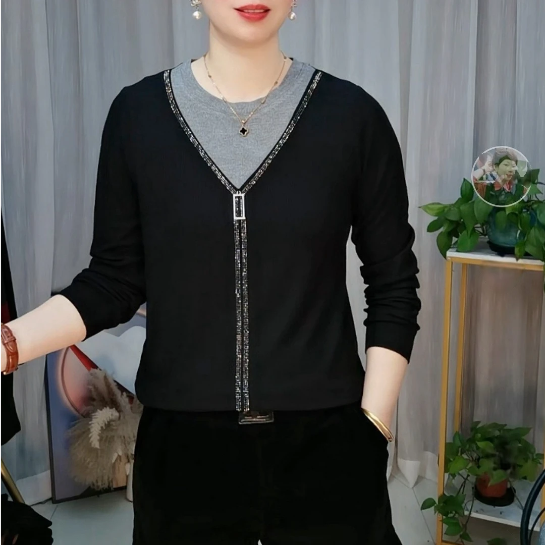 [断码清仓]春季新款烫钻百搭圆领假两件打底衫上衣