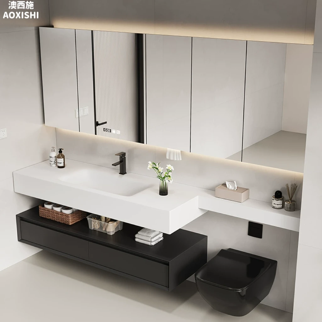 现代简约岩板浴室柜马桶延长组合多功能置物架镜柜洗漱台一体盆柜