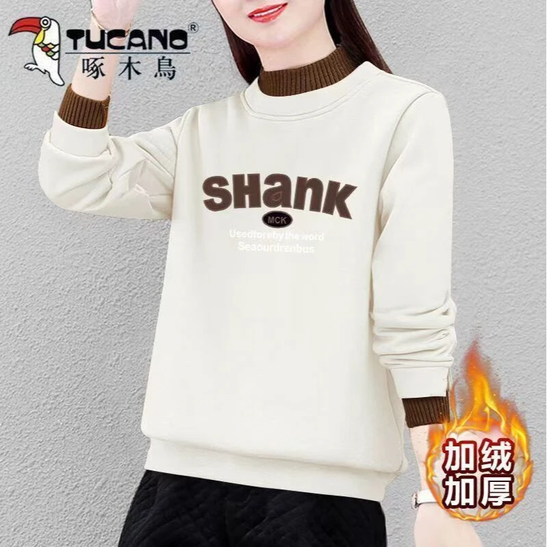 啄木鸟加绒加厚卫衣女冬季新款韩版大码减龄宽松假两件半高领上衣