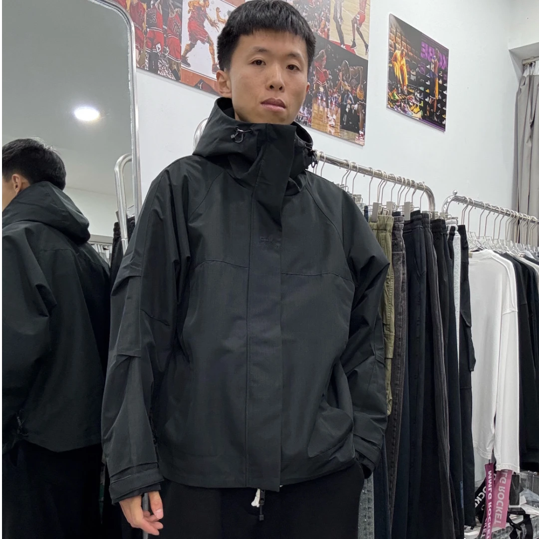 机能风黑色夹克外套带帽潮痞帅风冲锋衣男女同款