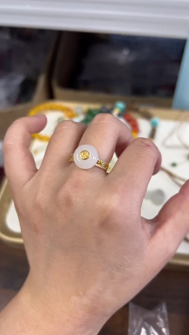 银S925镶嵌戒指和田玉和田玉白玉扣子银镶嵌戒指[2611]