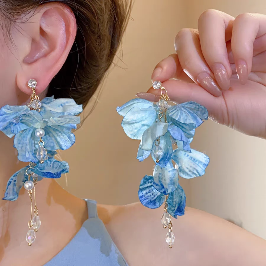 铜合金耳饰 【蓝色花语】小清新长款2025夏季新品度假风耳饰耳环