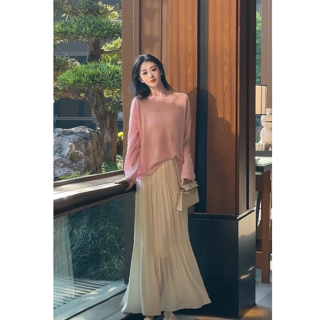 Basic House/百家好夏季高腰百搭时尚气质显瘦拼接中长款半身裙