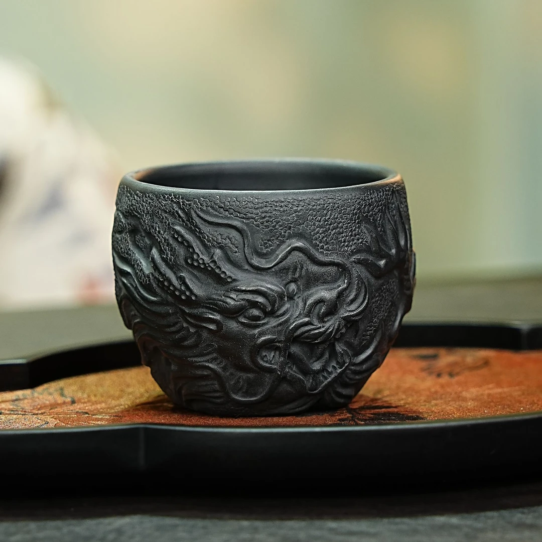 【1580隐龙杯】宜兴原矿紫砂手工制做堆绘隐龙杯 异形主人杯